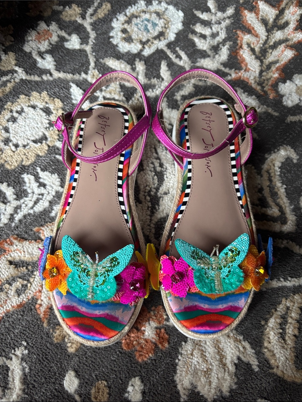 Girls Betsey Johnson Hot Pink Multicolor Embellished Butterfly Floral Sandals